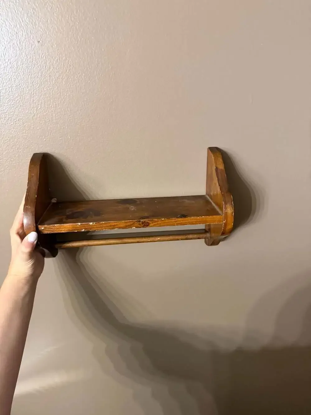 Vintage Brown Stained Pine Wooden Wall Shelf with Dowel Towel Bar